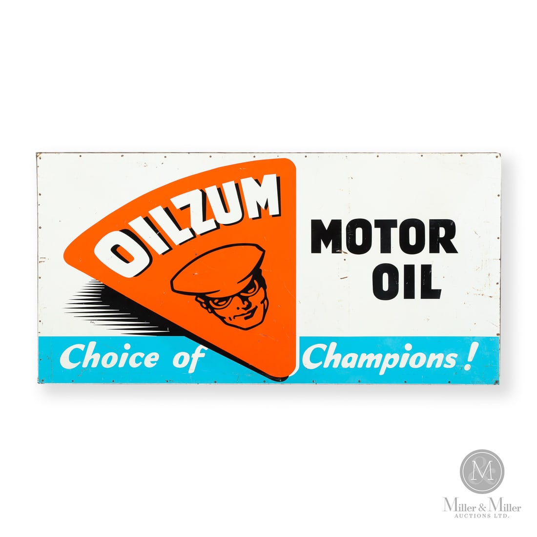 Oilzum Motor Oil Sign: 1975. Single-sided tin (SST). The sign features Oilzum's mascot, "Oswald" the chauffeur. The fictional character was designed in 1910 to appeal to the wealthy automobile owners who often employed