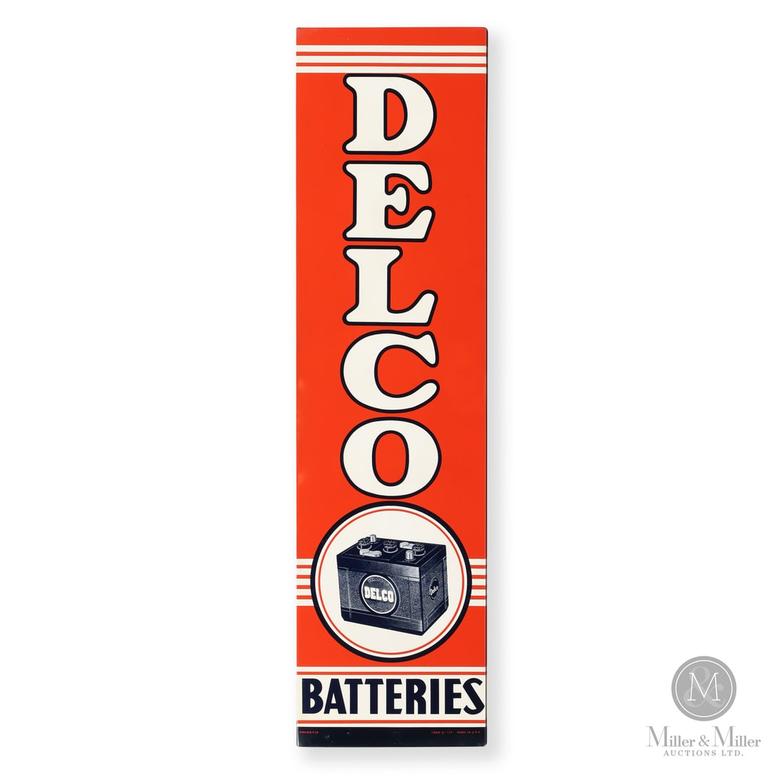 Delco Batteries Vertical Sign: 1946. Single-sided tin (SST). Return edge. Signs manufactured in 1946 are significant because they mark the first full year of civilian automotive advertising after production restrictions from WWII