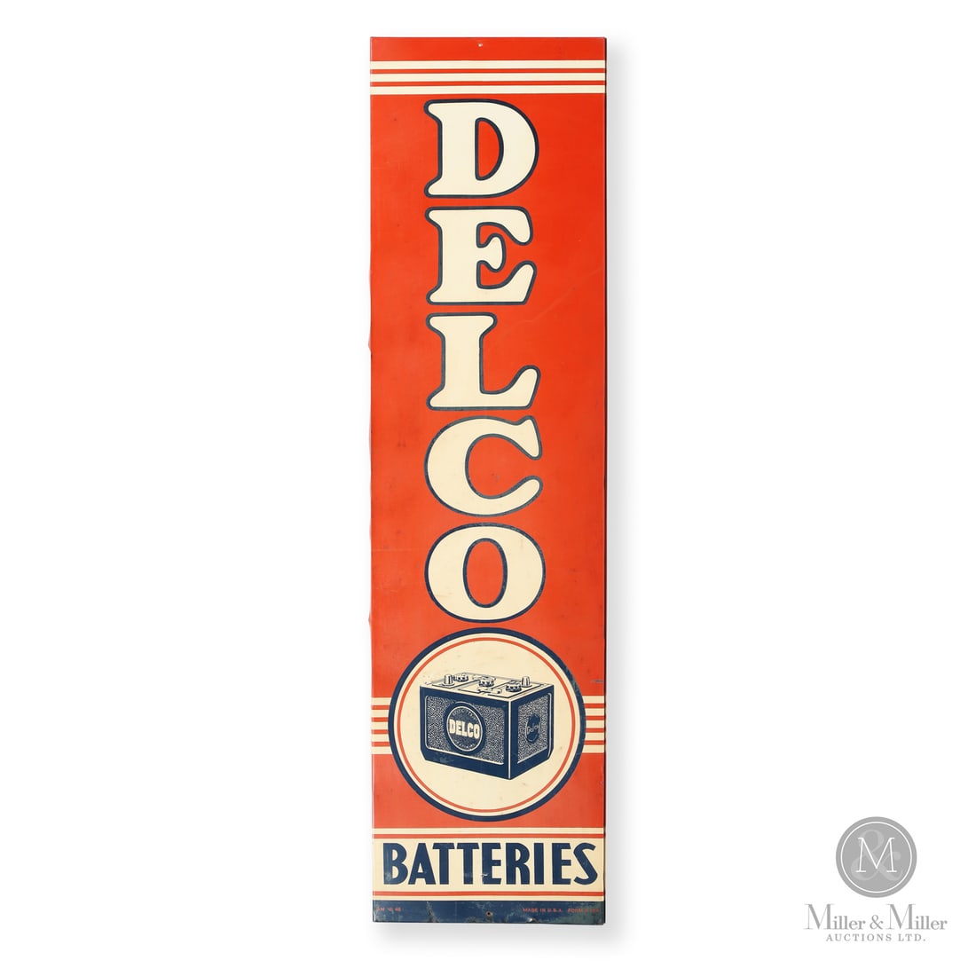 Delco Batteries Vertical Sign: 1946. Single-sided tin (SST). Wood stretcher. Signs manufactured in 1946 are significant because they mark the first full year of civilian automotive advertising after production restrictions from