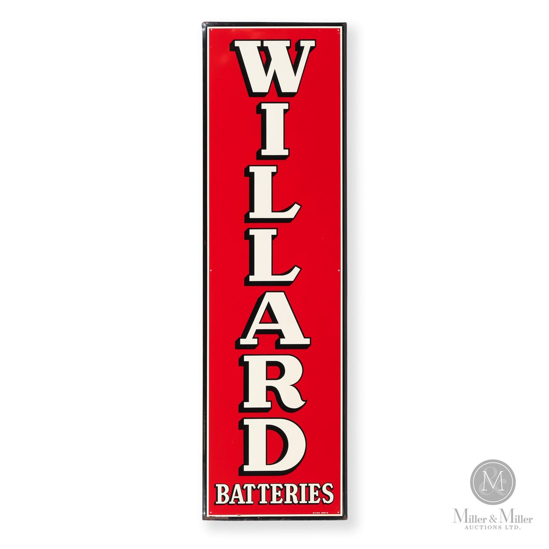 Willard Batteries Sign: 1950-1965. Single-sided tin (SST). Self-framed tin. During its existence (since 1896), the Willard company supplied batteries to 85% of all automobile factories in the U.S. In Canada, during WWII, the