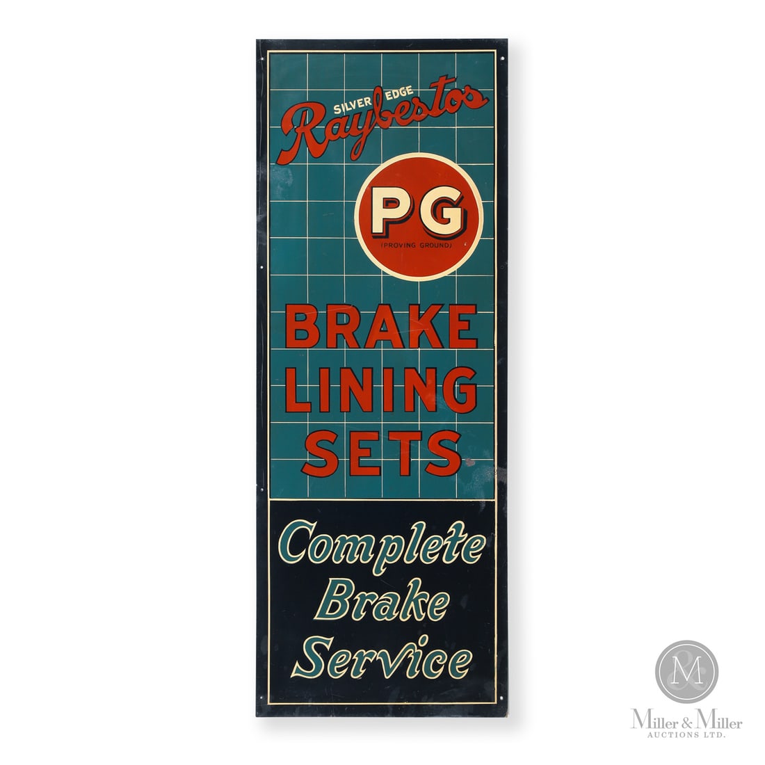 Raybestos Brake Service Sign: 1939-1941. Single-sided tin (SST). This sign is referred to as the "1939 Transition Variant" of the Raybestos campaign. In 1939, the company updated their signage to match Art Deco trends. The teal bl