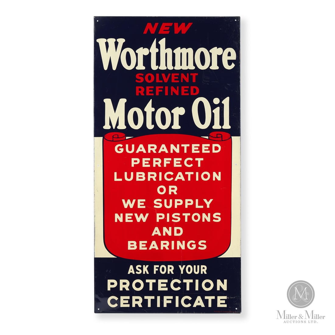 Worthmore Motor Oil Sign: 1941. Single-sided tin (SST). Worthmore was a "generic" brand used by several independent regional oil companies. It was considered a "generic" brand because the oil in the cans could come from