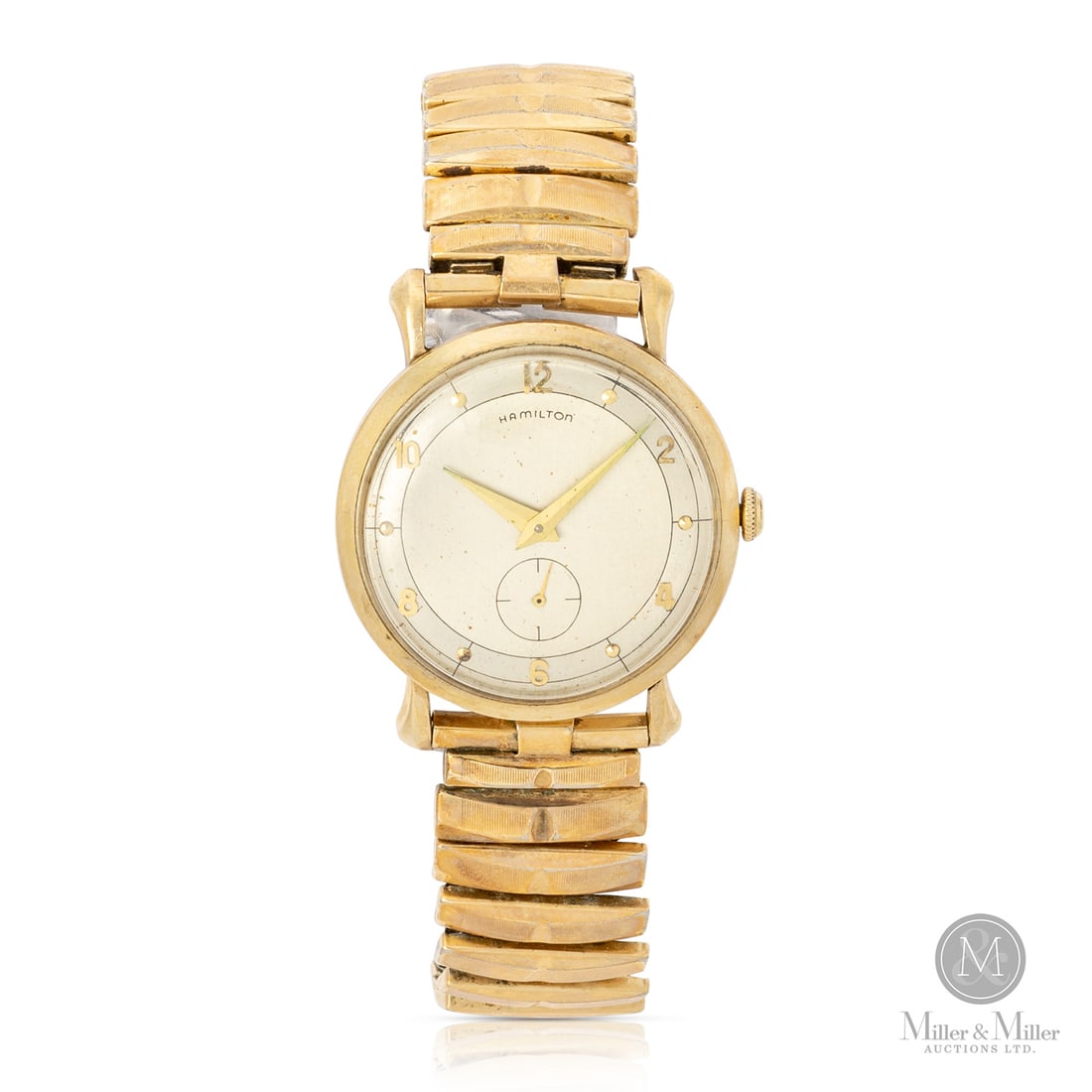 Hamilton, 10K B.F. Goodrich Service Award: American. 10K yellow gold. This Hamilton timepiece is a handsome early-mid 1940s Art Deco watch. The manual-wind watch is housed in a refined 10k gold case. Its dial is minimalist and elegant, with a 