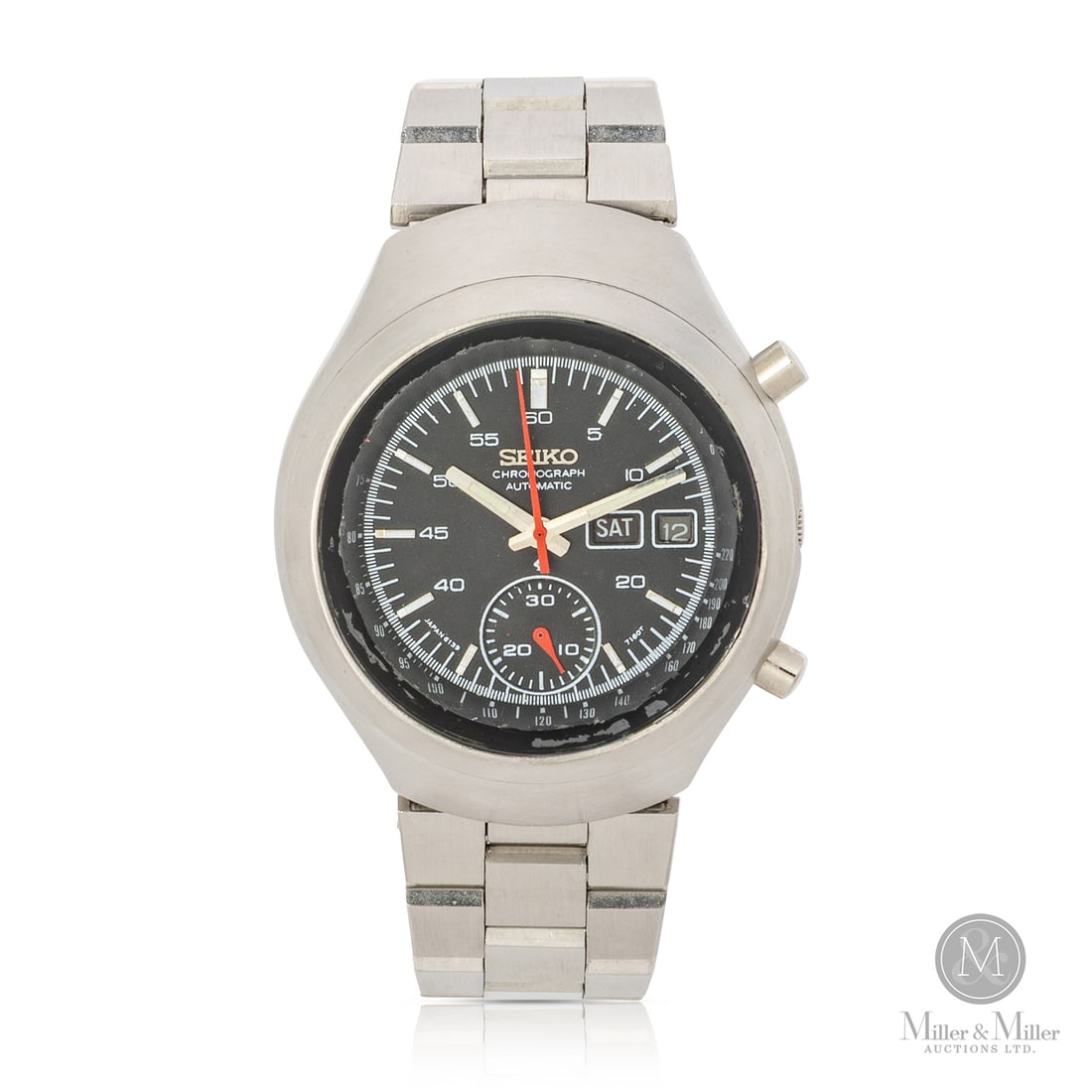 Seiko Ref. 6139-7100 "Helmet" Chronograph: Japanese. Stainless steel. The Seiko "Helmet" is one of the most visually distinct chronographs of the 1970s, earning its nickname from the robust, wide-set case profile that physically resembles a
