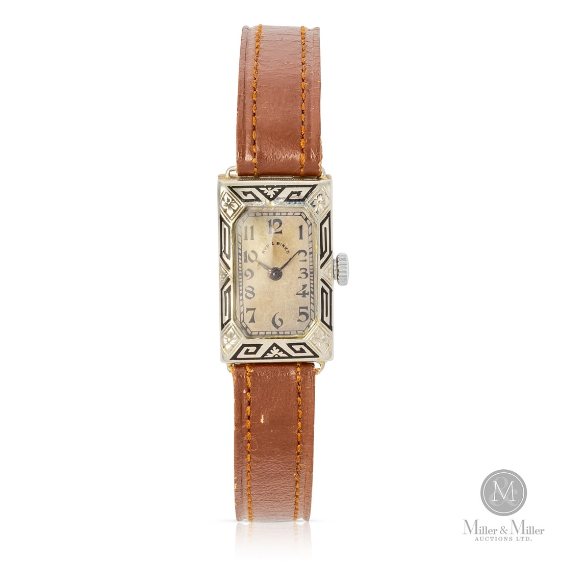 Ryrie-Birks, Art Deco Enamelled 18K Cocktail Watch: Swiss. 18K white gold. This exquisite Ryrie-Birks cocktail watch is a stunning artifact from the Art Deco era, reflecting the height of early 20th-century luxury and geometric design. The timepiece