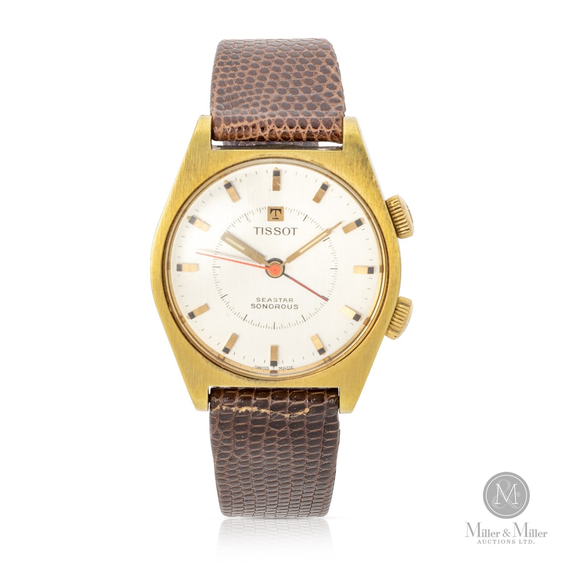 Tissot, Ref. 40500-3X Seastar Sonorous Alarm: Swiss. Gold-plated. The Tissot SeaStar Sonorous is a technically engaging "wrist alarm" from the early 1970s. This reference features a distinctive cushion-style case with brushed gold-tone finish.
