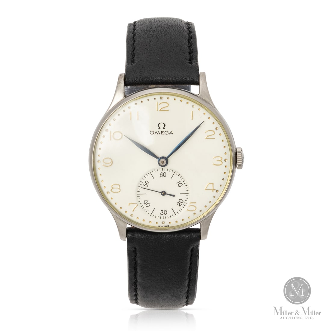 Omega, WWII-Era Military: Swiss. Stainless steel. This circa 1944 Omega is a remarkable survivor from the final years of World War II. Housed in a stainless steel case, it features a manual-wind movement. The dial is notable