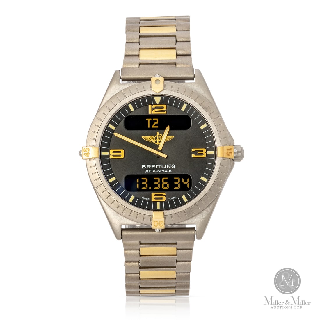 Breitling, Ref. F56060 Aerospace: Swiss. Titanium. Alternating gold center links. Breitling is synonymous with the history of aviation, having established an enduring reputation as the premier manufacturer of "instruments" that have