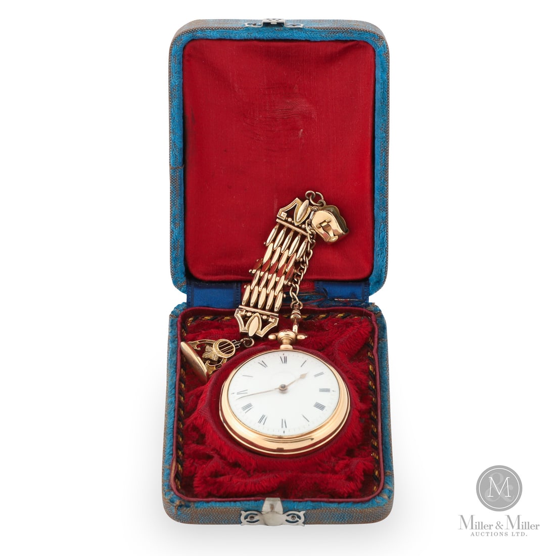 19th Century English Verge Fusee, 18K: Swiss. 18K yellow gold primary and secondary cases. Gold-filled chain. The Verge Fusee movement represents one of the most important chapters in horological history, showcasing the ingenuity of early 