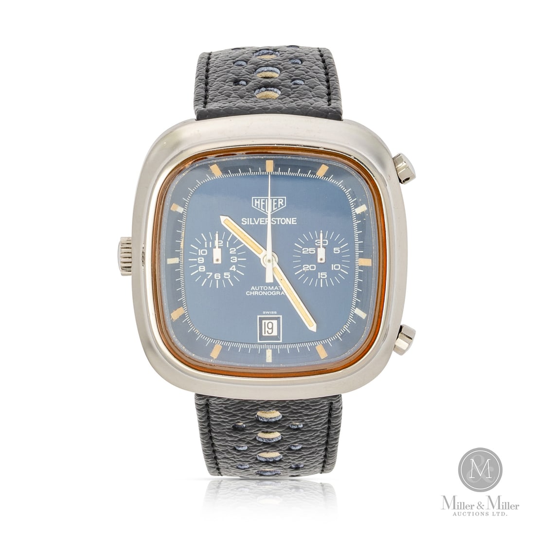 Heuer, Silverstone Calibre 12 Chronograph: Swiss. Stainless steel. The Heuer Silverstone holds a special place in the pantheon of 1970s racing chronographs, defined by its bold, cushion-shaped case that captures the avant-garde design spirit