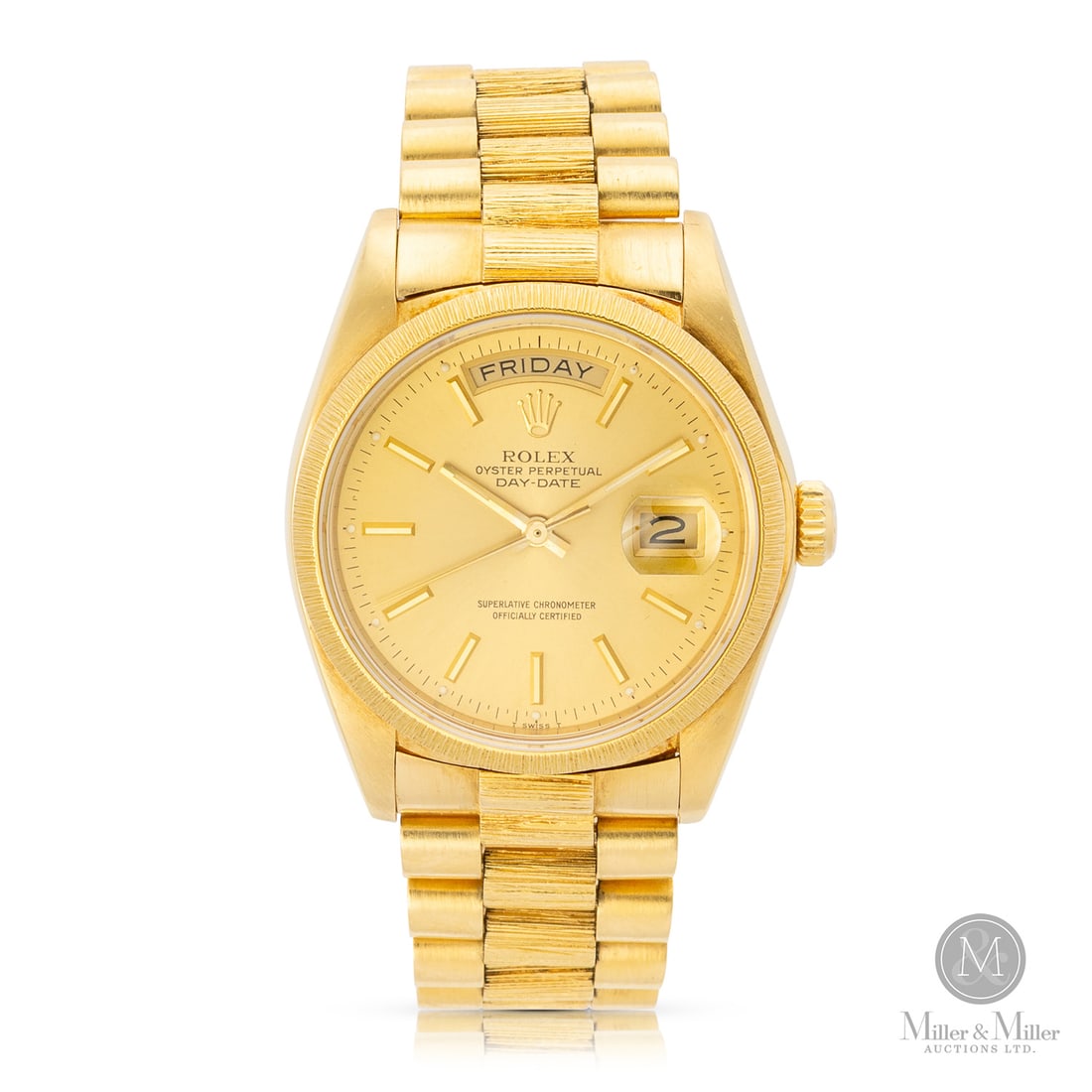 Rolex, Ref. 18078 18K "President" Bark Finish: Swiss. 18K yellow gold. The Rolex Day-Date reference 18078 is a rare, highly texturized execution of the ultimate horological status symbol, crafted from solid 18k yellow gold with official hallmarks 