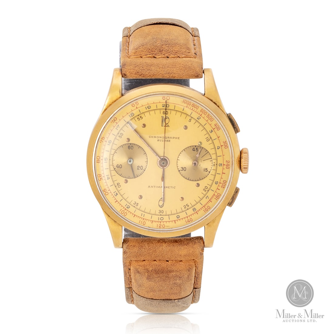 Chronograph Suisse, 18K Two-Register Chronograph: Swiss. 18K yellow gold. This Chronographe Suisse represents the quintessential mid-century "doctor’s chronograph". Housed in a solid 18K yellow gold case, it features the thin profile and sharp rect