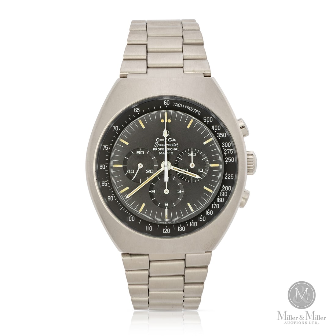 Omega, Ref. 145.014 Speedmaster Mark 2: Swiss. Stainless steel. In 1969, Omega introduced the Speedmaster Mark II to represent a bold, post-Apollo evolution for the brand, introducing a modern, tonneau-shaped case design that diverged from 