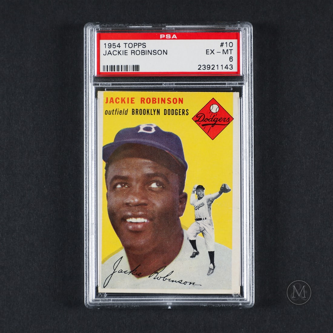 1954 Topps #10 Jackie Robinson (PSA 6 EX-MT): Offered here is the 1954 Topps Jackie Robinson card (#10). This issue is significant due to its dual-image layout featuring both a portrait and an action shot, standard for the 1954 Topps set design. 