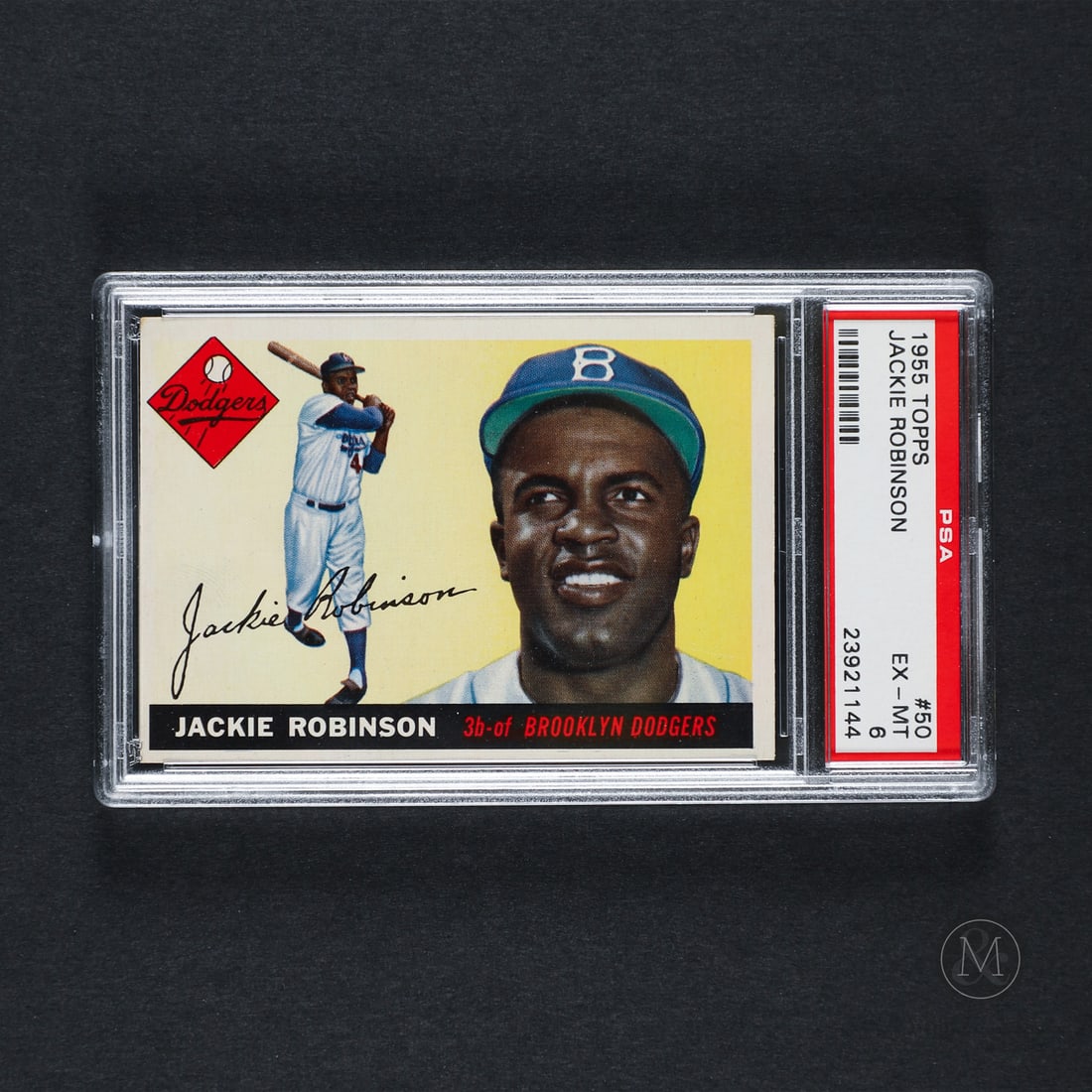 1955 Topps #50 Jackie Robinson (PSA 6 EX-MT): Offered here is the 1955 Topps Jackie Robinson card (#50). This issue is significant for its horizontal layout design and vibrant dual-image presentation characteristic of the 1955 Topps set. Jackie