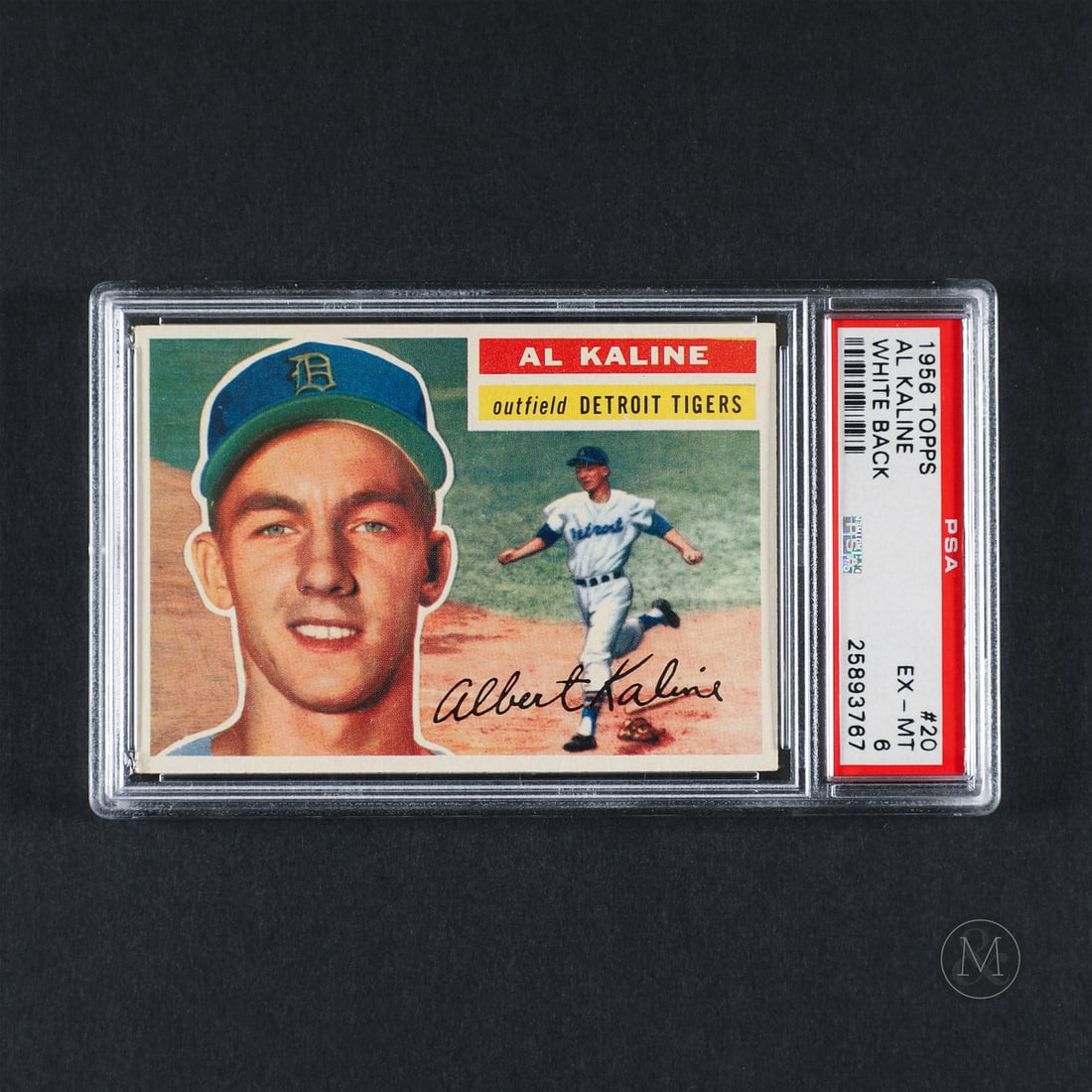 1956 Topps #20 Al Kaline (PSA 6 EX-MT): Offered here is the 1956 Topps Al Kaline card (#20). This issue is significant as a key early-career card utilizing Topps' final large-format horizontal canvas dimensions. Al Kaline played 22 seasons