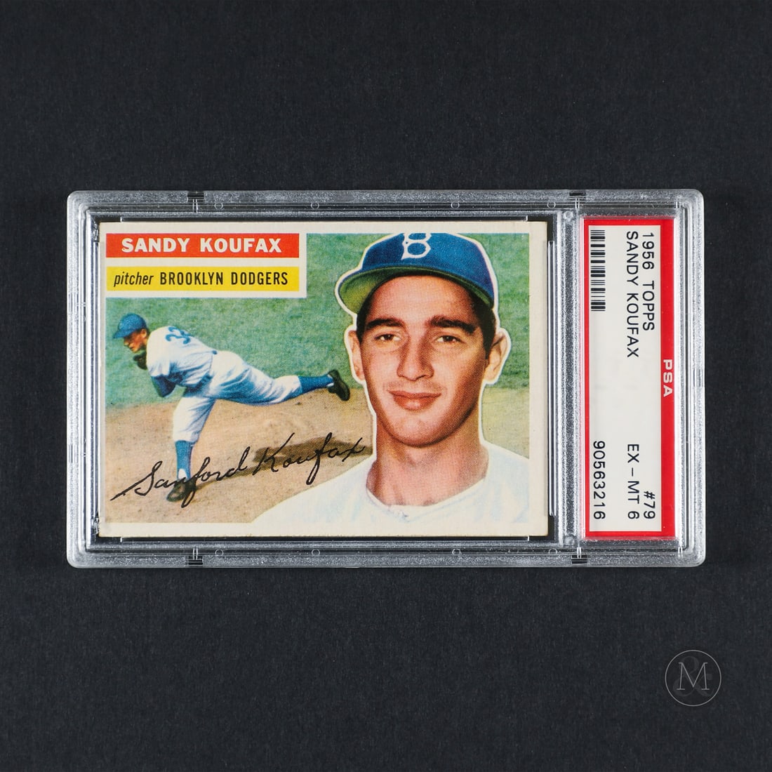 1956 Topps #79 Sandy Koufax (PSA 6 EX-MT): Offered here is the 1956 Topps Sandy Koufax card (#79). This issue is significant as Koufax's second-year Topps card in the Gray Backed variation, featuring a detailed background action illustration.