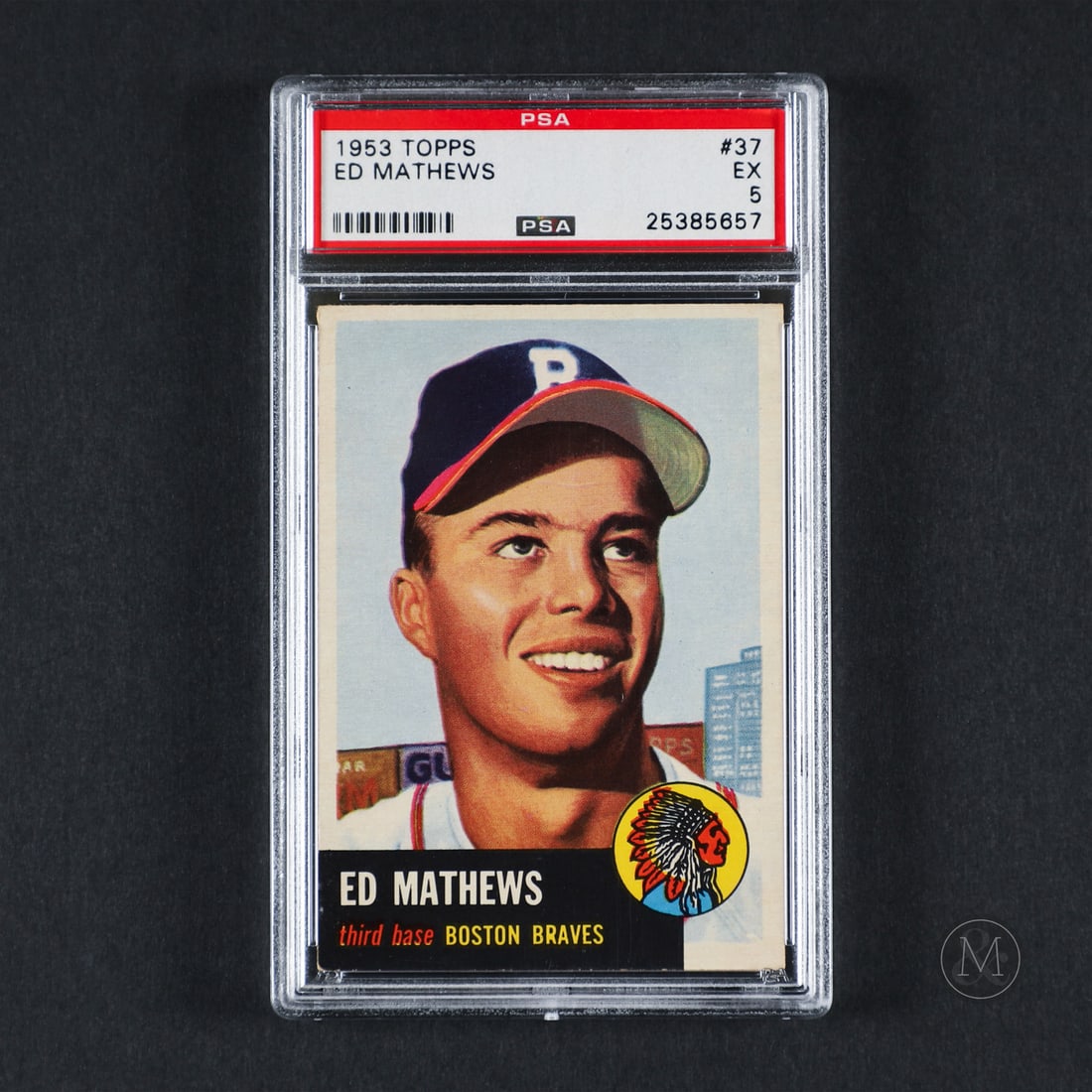 1953 Topps #37 Ed Mathews (PSA 5 EX): Offered here is the 1953 Topps Eddie Mathews card (#37). This issue is significant as a second-year card for Mathews following his highly coveted 1952 Topps rookie. Eddie Mathews played 17 seasons in