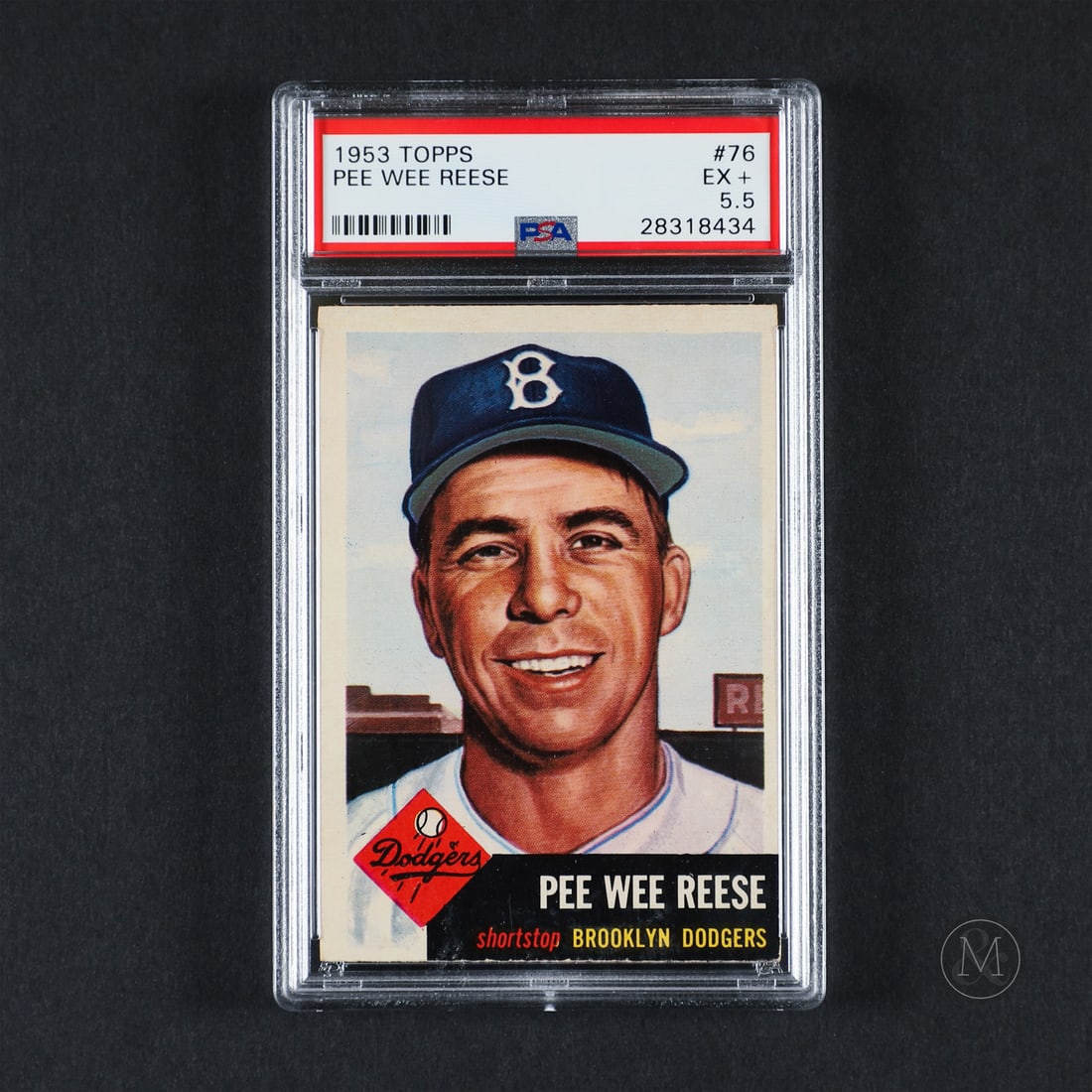 1953 Topps #76 Pee Wee Reese (PSA 5.5 EX+): Offered here is the 1953 Topps Pee Wee Reese card (#76). This issue is significant as a core entry in Topps' 1953 set, featuring a distinct portrait and dual-logo design layout. Pee Wee Reese played