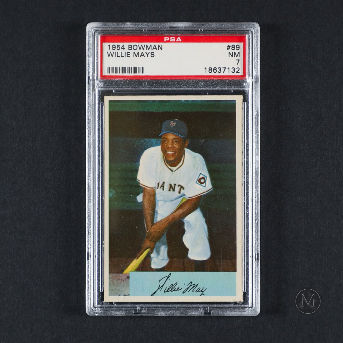 1954 Bowman #89 Willie Mays (PSA 7 NM): Offered here is the 1954 Bowman Willie Mays card (#89). This issue is significant as it marked Mays' return to mainstream baseball card checklists following his military service in 1952 and 1953.