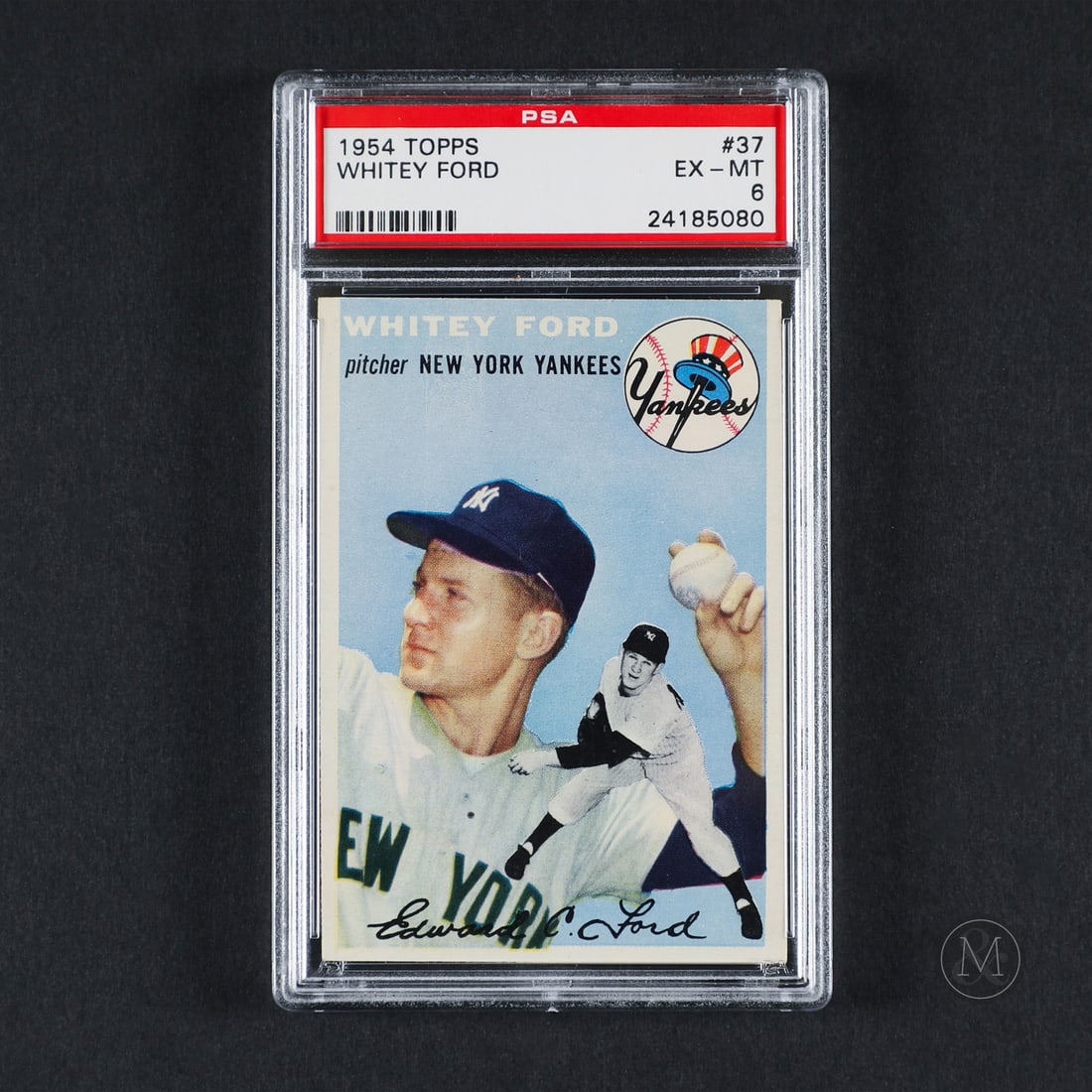 1954 Topps #37 Whitey Ford (PSA 6 EX-MT): Offered here is the 1954 Topps Whitey Ford card (#37). This issue is significant as it represents Ford's first appearance in a Topps-branded baseball card set. Whitey Ford pitched 16 seasons for the N