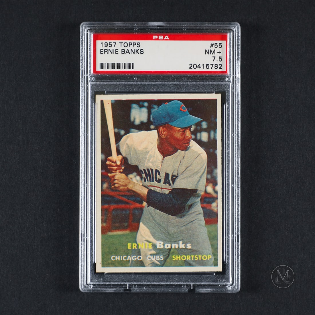 1957 Topps #55 Ernie Banks (PSA 7.5 NM+): Offered here is the 1957 Topps Ernie Banks card (#55). This issue is significant as part of the landmark 1957 set, which introduced real color photography and shifted card dimensions to the modern