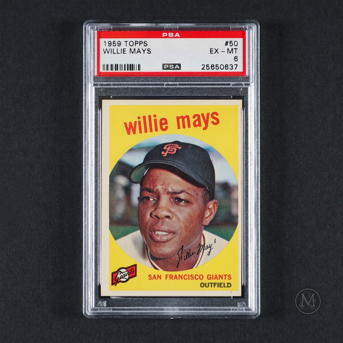 1959 Topps #50 Willie Mays (PSA 6 EX-MT): Offered here is the 1959 Topps Willie Mays card (#50). This issue is significant as it features Mays within Topps' distinctive circular portrait design format. Willie Mays played 22 seasons,