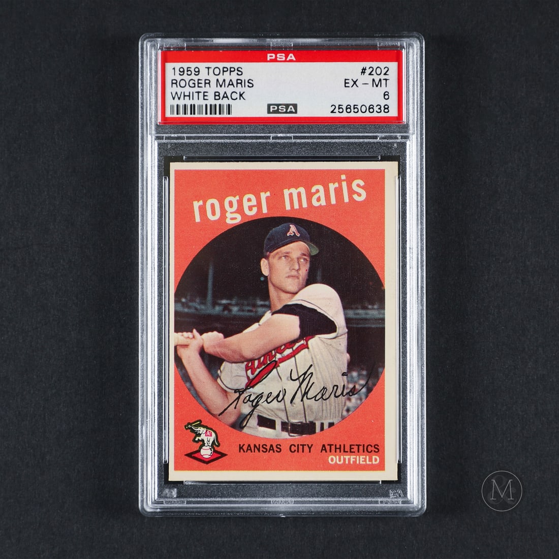 1959 Topps #202 Roger Maris (PSA 6 EX-MT): Offered here is the 1959 Topps Roger Maris card (#202). This issue is significant as a second-year card for Maris, depicting him during his tenure with the Kansas City Athletics. Roger Maris played