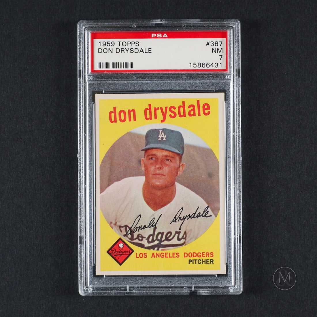 1959 Topps #387 Don Drysdale (PSA 7 NM): Offered here is the 1959 Topps Don Drysdale card (#387). This issue is significant as an early career entry for Drysdale following the Dodgers' relocation to Los Angeles. Don Drysdale pitched 14