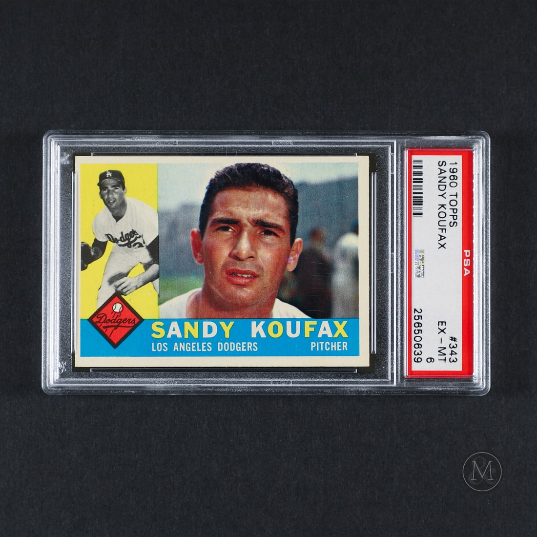 1960 Topps #343 Sandy Koufax (PSA 6 EX-MT): Offered here is the 1960 Topps Sandy Koufax card (#343). This issue is significant for its unique alternating horizontal/vertical front layout design and dual-photograph presentation. Sandy Koufax