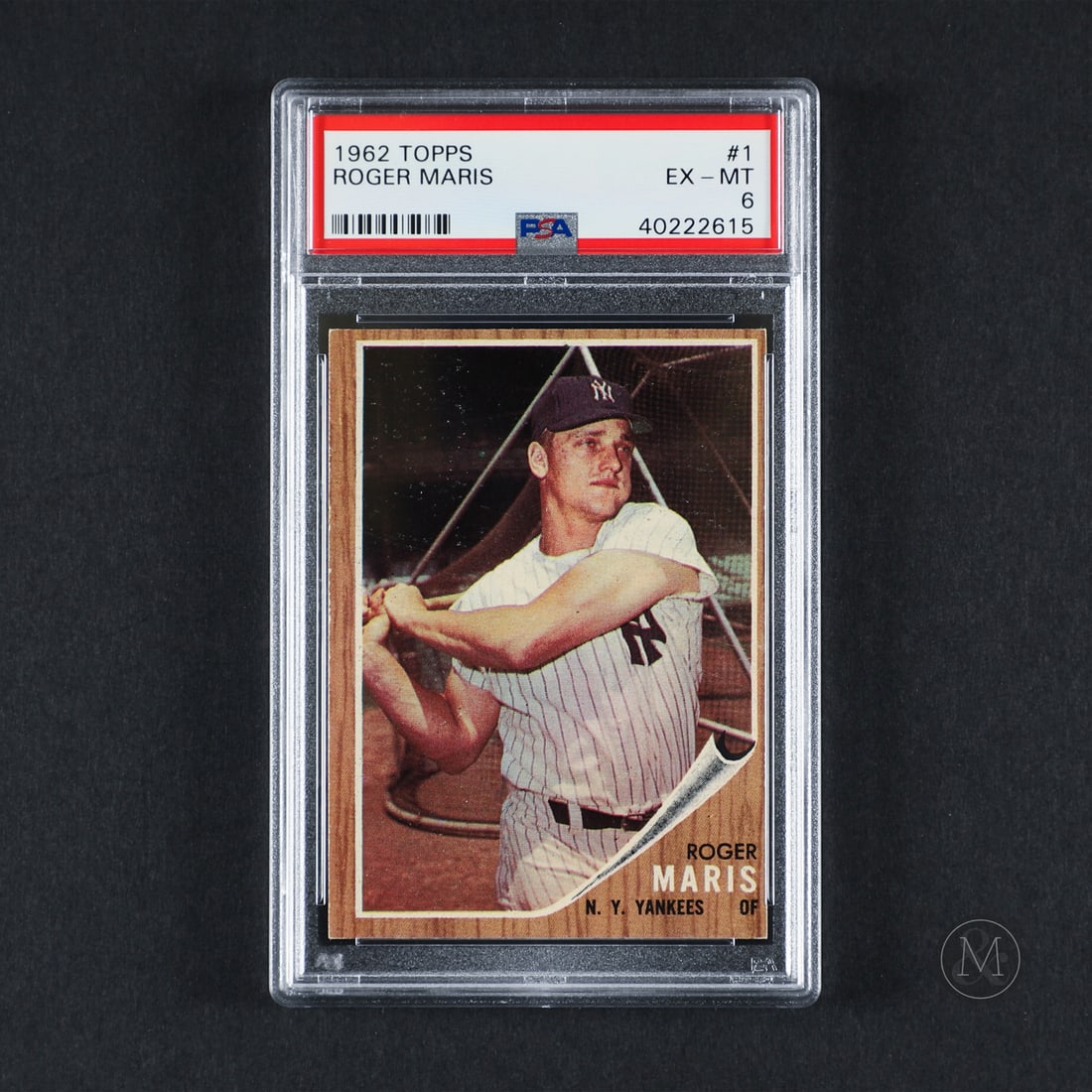 1962 Topps #1 Roger Maris (PSA 6 EX-MT): Offered here is the 1962 Topps Roger Maris card (#1). This card is highly significant as the number-one card in the set, celebrating Maris's historic record-breaking 61 home run campaign in 1961. Roge