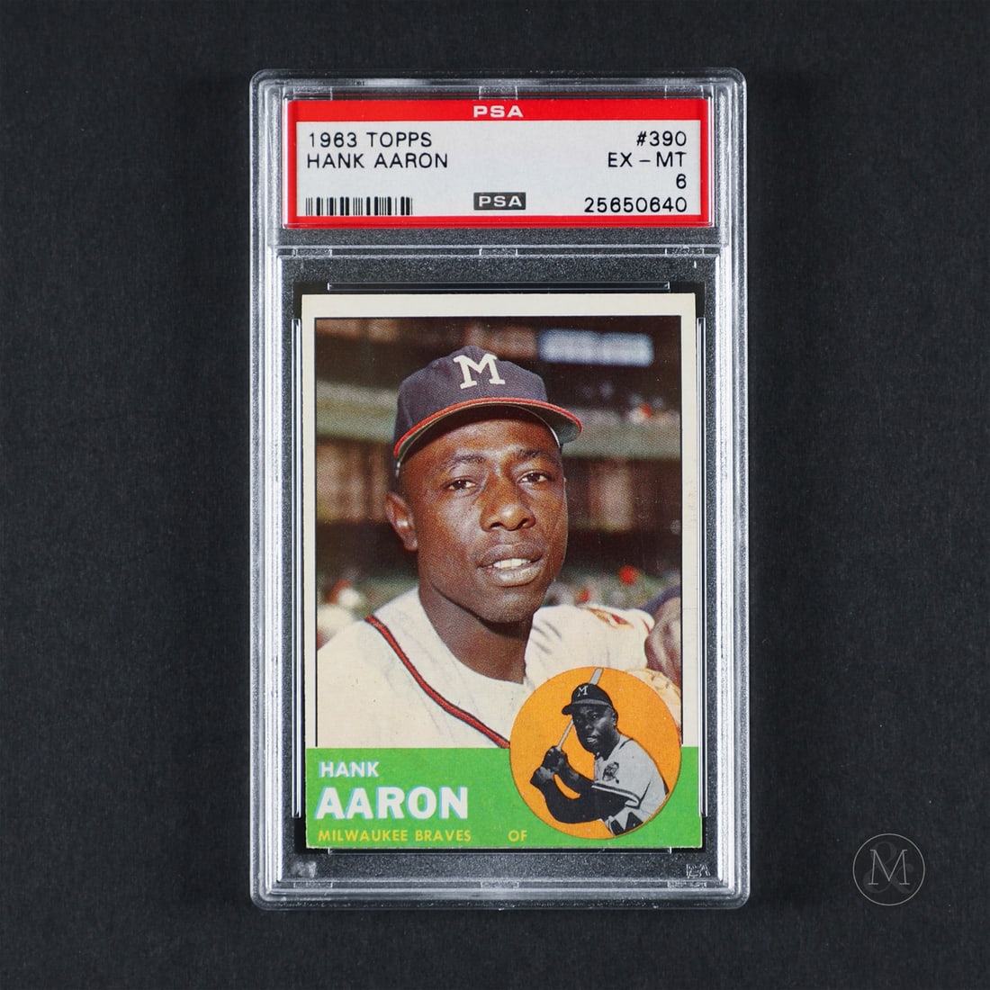 1963 Topps #390 Hank Aaron (PSA 6 EX-MT): Offered here is the 1963 Topps Hank Aaron card (#390). This issue is significant due to its sharp design featuring a portrait inside a circular inset window over an action background shot. Hank Aaron