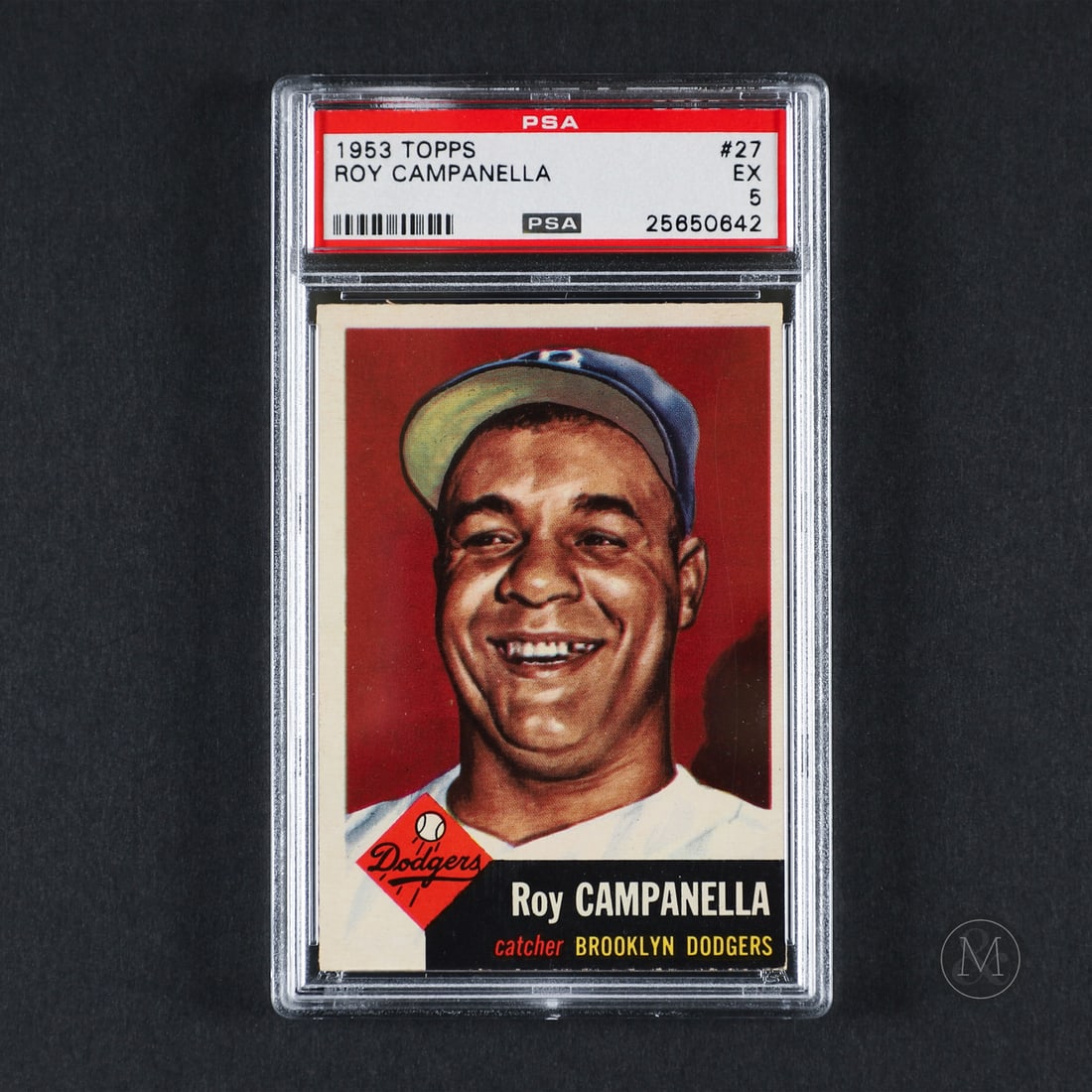 1953 Topps #27 Roy Campanella (PSA 5 EX): Offered here is the 1953 Topps Roy Campanella card (#27). This issue is significant due to its hand-painted artwork and its placement early in Topps' sophomore 274-card baseball production. Roy