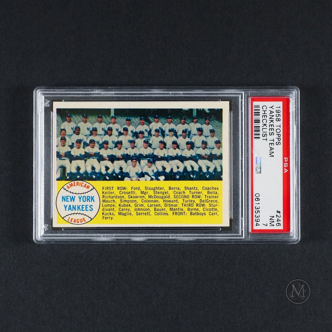 1958 Topps #246 Yankees Team Checklist (PSA 7 NM): Offered here is the 1958 Topps Yankees Team Checklist card (#246). This full team issue includes an unmarked checklist on the reverse side for cards #177-264. The full team image on the facing side fe