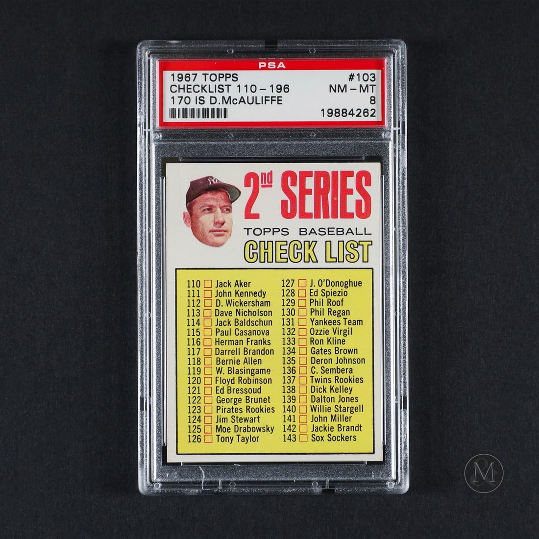 1967 Topps #103 Checklist (PSA 8 NM-MT): Offered here is the 1967 Topps checklist #103 featuring Mickey Mantles headshot next to the 2nd Series designation. This variation includes D. McAuliffe as card #170 as opposed to the no dot
