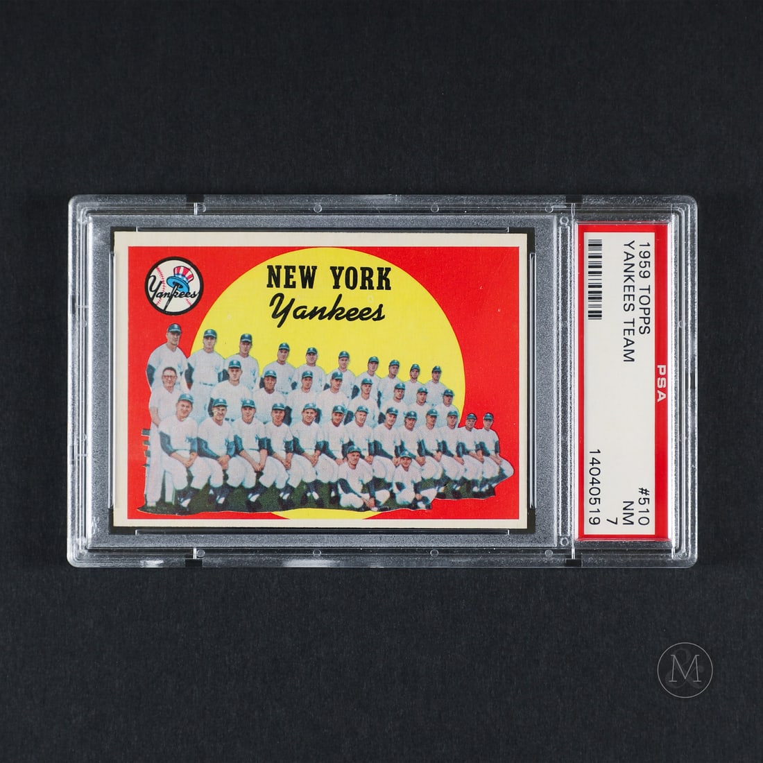 1959 Topps #510 New York Yankees Team (PSA 7 NM): Offered here is the 1959 Topps New York Yankees team card (#510). This issue is significant for featuring the unmraked checklist #496-572 on the reverse side. The full Yankees team on the facing side