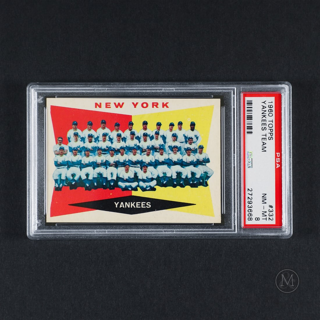 1960 Topps #332 New York Yankees Team (PSA 8 NM-MT): Offered here is the 1960 Topps Yankees Team Card #332. The card features an unmarked checklist of card #265-352 on the reverse side. The facing side shows the entire New York Yankees team including