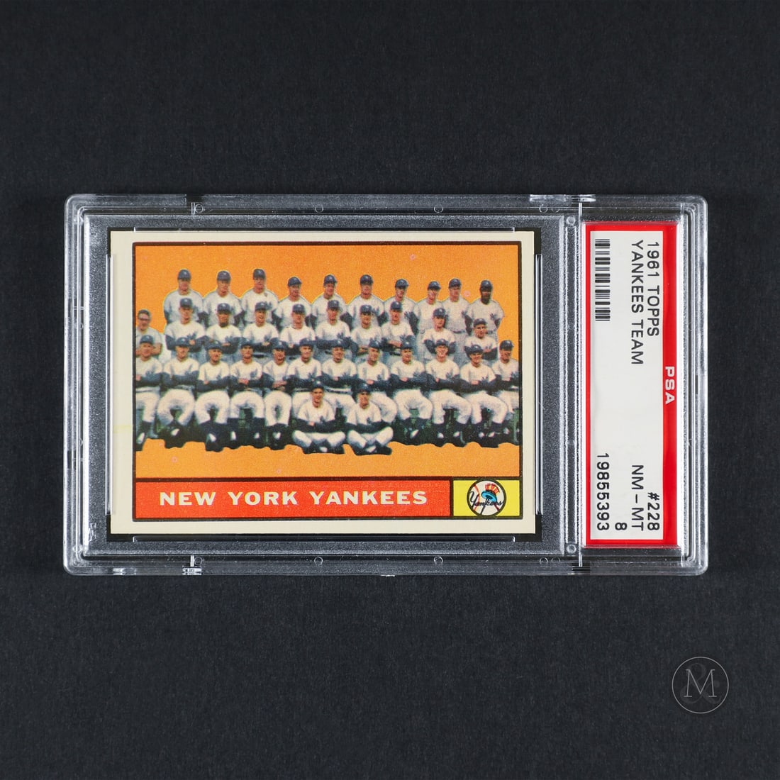 1961 Topps #228 Yankees Team (PSA 8 NM-MT): Offered here is the 1961 Topps Yankees Team card #228. The issue features the Yankees pitching records on the reverse side as well as the full Yankees team on the facing side, including Mickey
