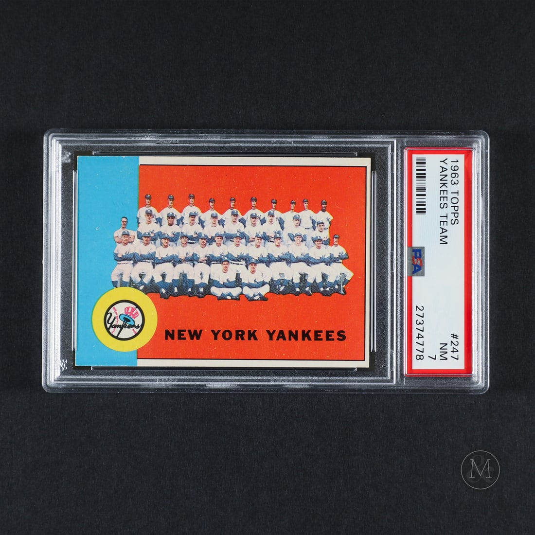 1963 Team #247 Yankees Team (PSA 7 NM): Offered here is the 1963 Topps New York Yankees Team card (#247). This checklist card is significant for documenting the defending American League champion roster, featuring a full team photograph