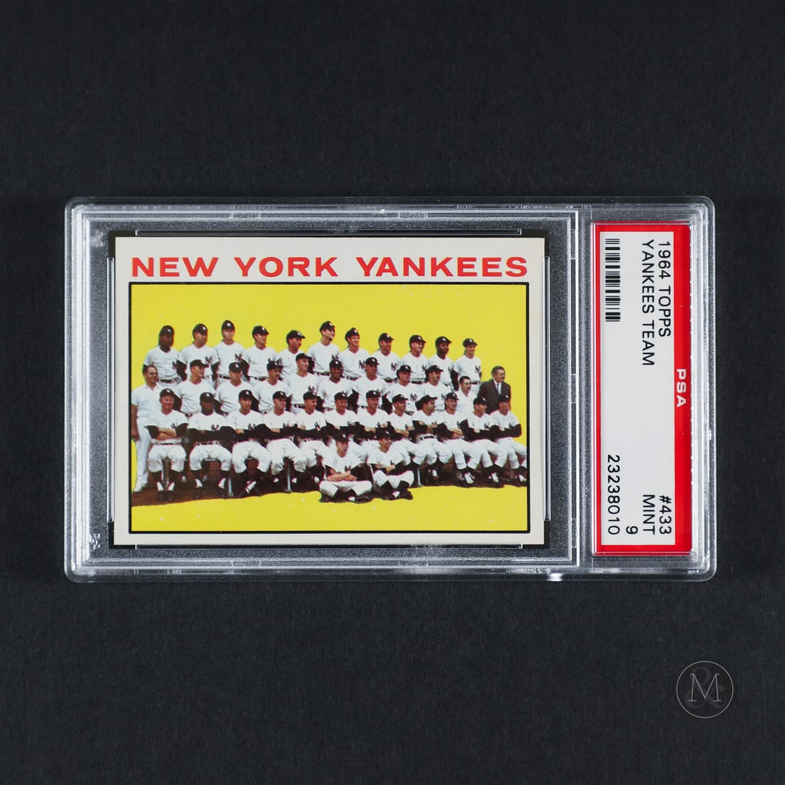 1964 Topps #433 Yankees Team (PSA 9 Mint): Offered here is the 1964 Topps New York Yankees Team card (#433). This high-number series issue is significant as it captures the complete roster portrait of the 1963 American League pennant-winning
