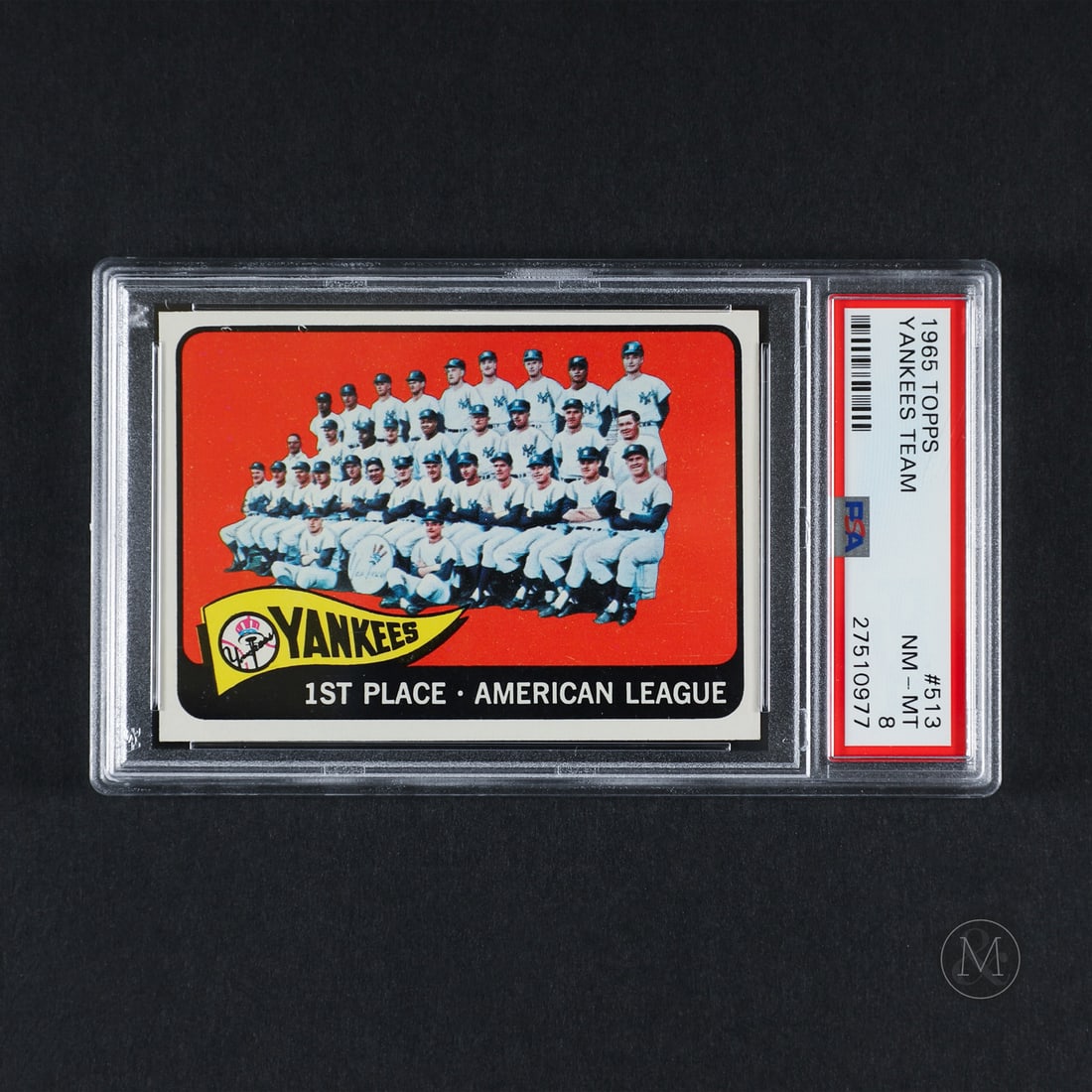 1965 #513 Yankees Team (PSA 8 NM-MT): Offered here is the 1965 Topps New York Yankees Team card (#513). This late-series high-number card is significant for providing a full team roster group photograph documenting the legendary