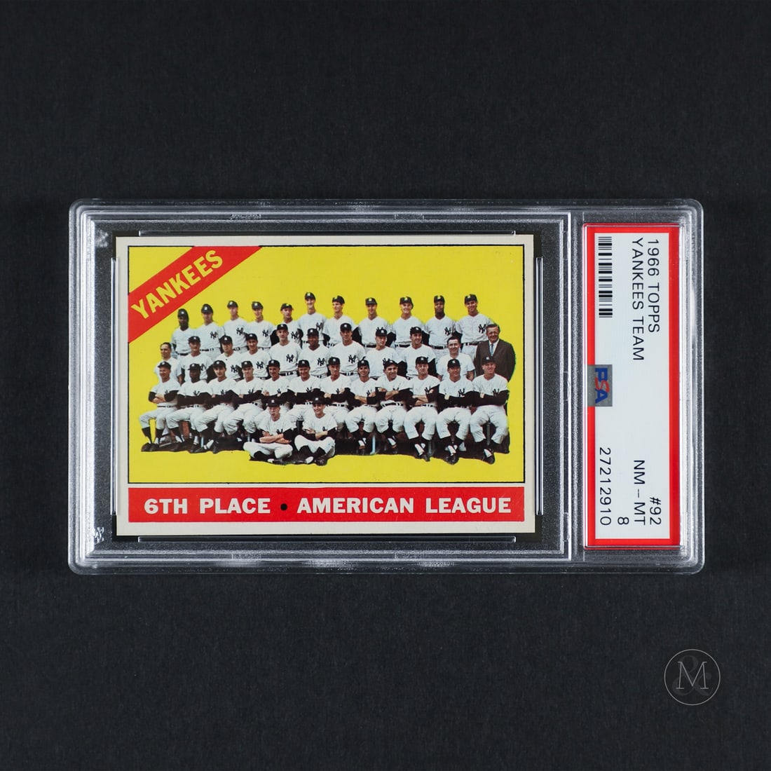 1966 Topps #92 Yankees Team (PSA 8 NM-MT): Offered here is the 1966 Topps New York Yankees Team card (#92). This checklist entry is significant for documenting the 1966 New York Yankees roster layout with a complete team photograph, featuring