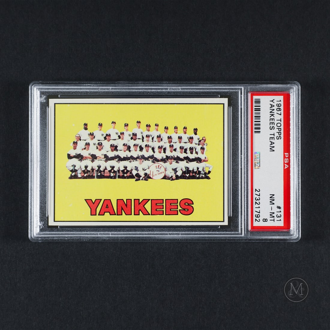 1967 Topps #131 Yankees Team (PSA 8 NM-MT): Offered here is the 1967 Topps New York Yankees Team card (#131). This checklist issue is significant for providing a formal team photograph documentation log of the 1967 Yankees lineup roster, which