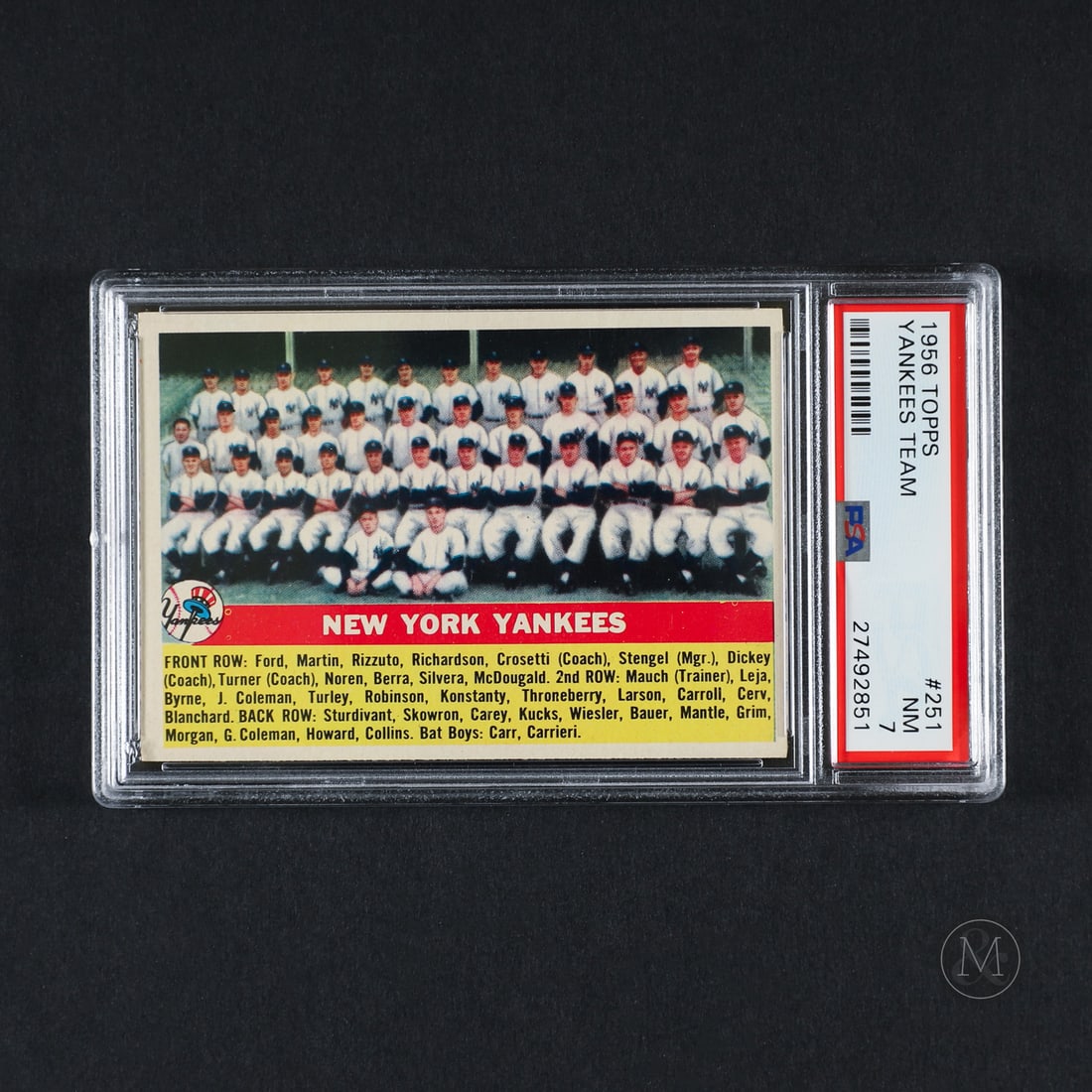 1956 Topps #251 Yankees Team (PSA 7 NM): Offered here is the 1956 Topps #251 Yankees team featuring Yankees stats on the reverse side. The full team image features Mickey Mantle at the peak of his young career. Size 5.5" x 3.5". Condition