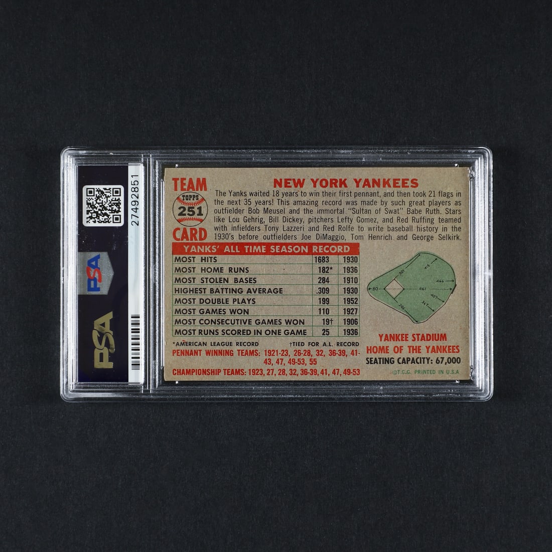 1956 Topps #251 Yankees Team (PSA 7 NM) - 2