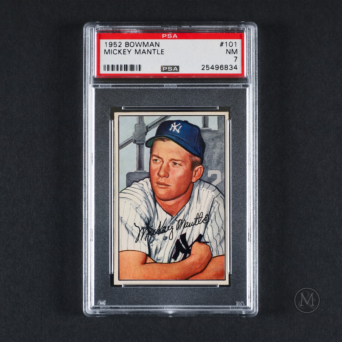 1952 Bowman #101 Mickey Mantle (PSA 7 NM): Offered here is Mickey Mantle's 1952 Bowman #101 card, featuring one of baseball's all time greats in just his second season. Mickey Mantle amassed 536 career home runs and 1,509 RBIs while