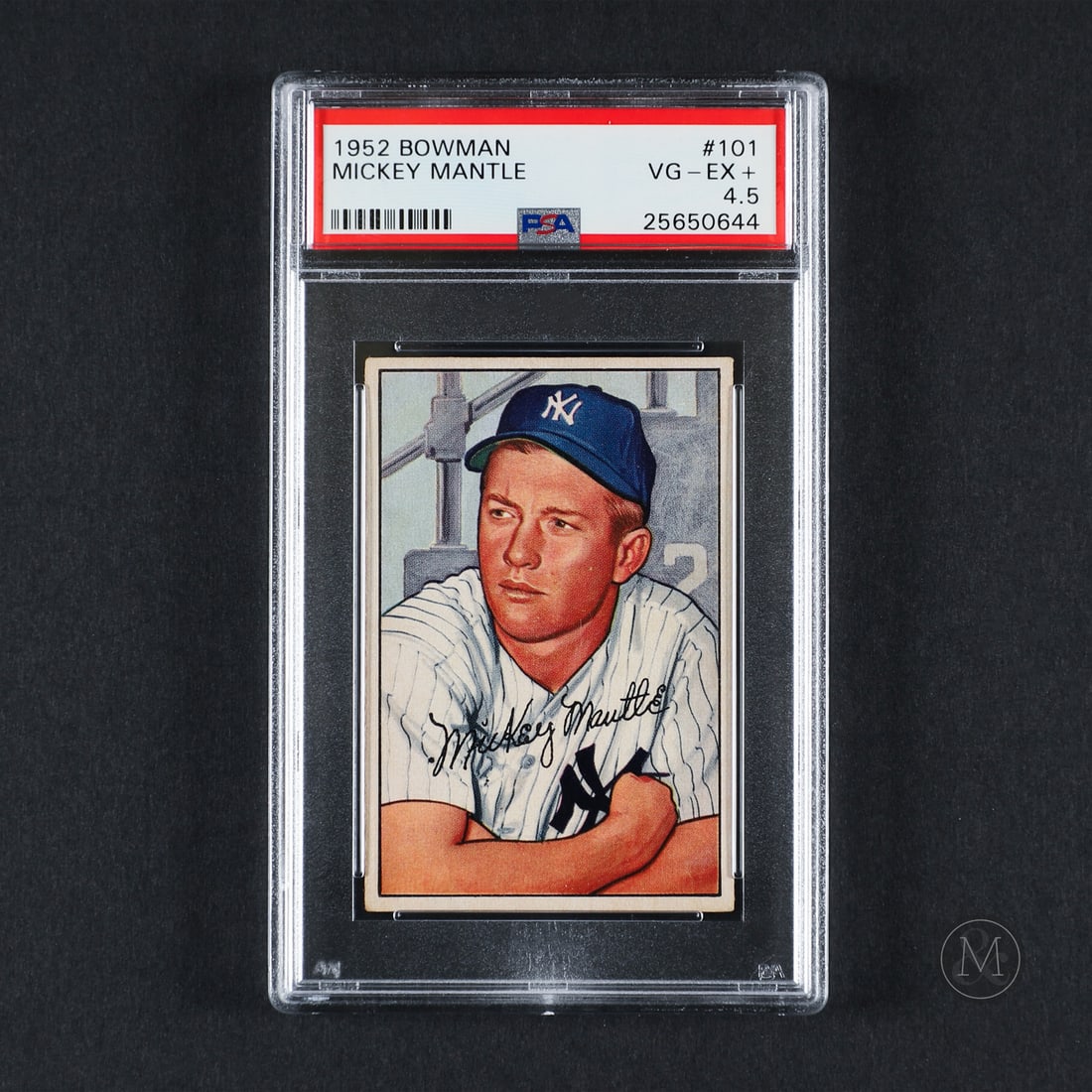 1952 Bowman #101 Mickey Mantle (PSA 4.5 VG-EX+): Offered here is Mickey Mantle's 1952 Bowman #101 card, featuring one of baseball's all time greats in just his second season. Mickey Mantle amassed 536 career home runs and 1,509 RBIs while maintainin