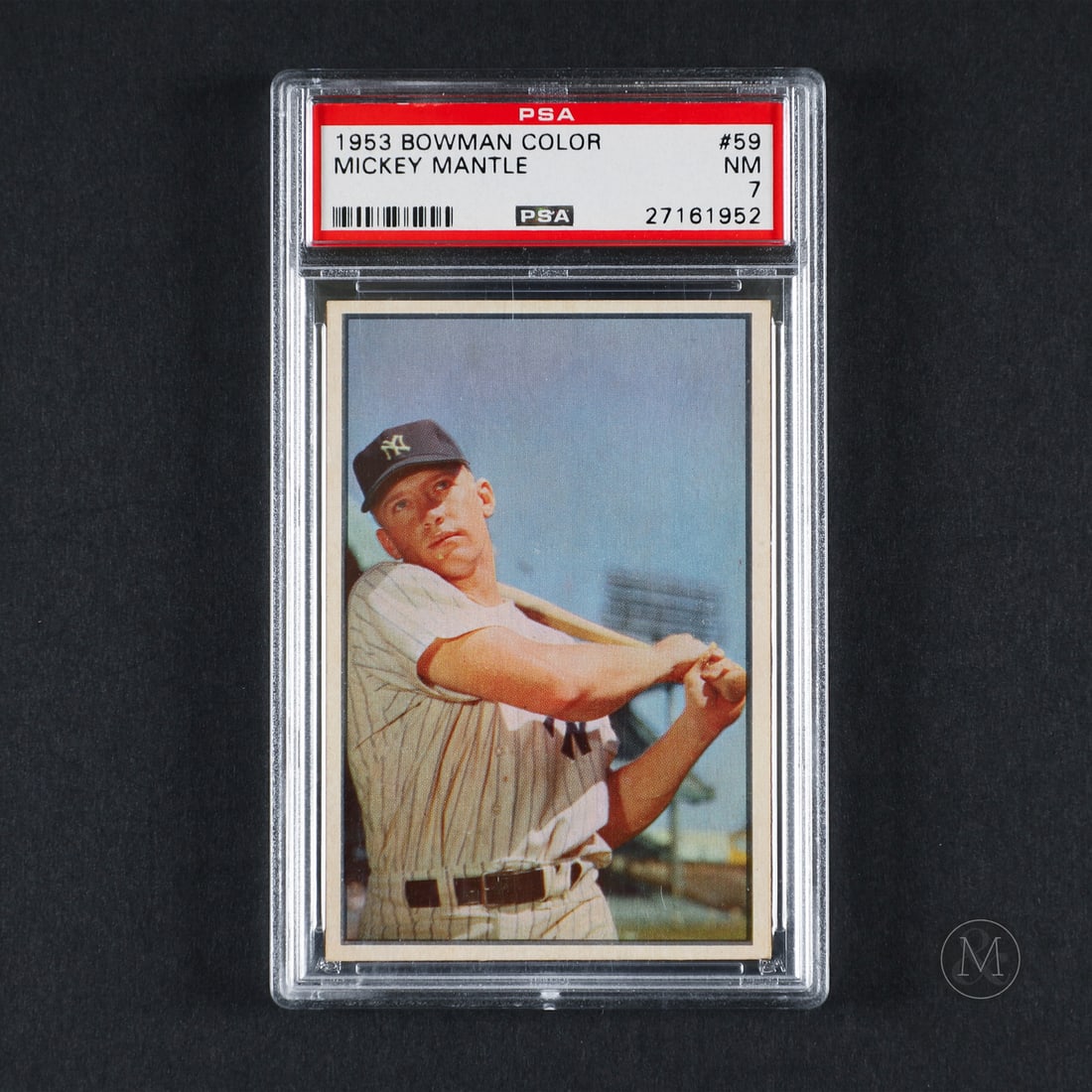 1953 Bowman #59 Mickey Mantle (PSA 7 NM): Offered here is the 1953 Bowman Mickey Mantle card (#59). This issue is significant as a standalone portrait card of Mantle within the groundbreaking 1953 color set. Mickey Mantle played his entire