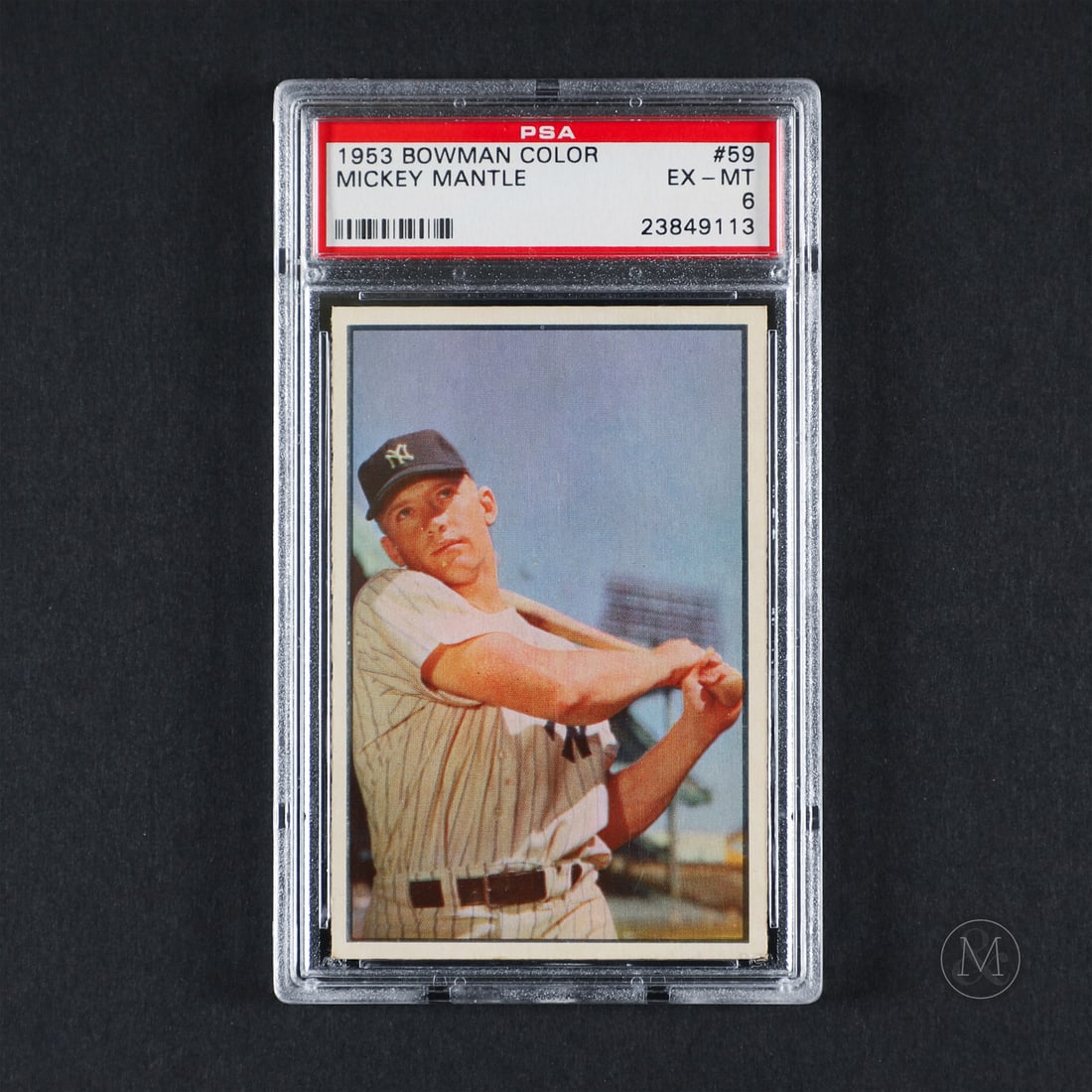 1953 Bowman #59 Mickey Mantle (PSA 6 EX-MT): Offered here is the 1953 Bowman Mickey Mantle card (#59). This issue is significant as a standalone portrait card of Mantle within the groundbreaking 1953 color set. Mickey Mantle played his entire