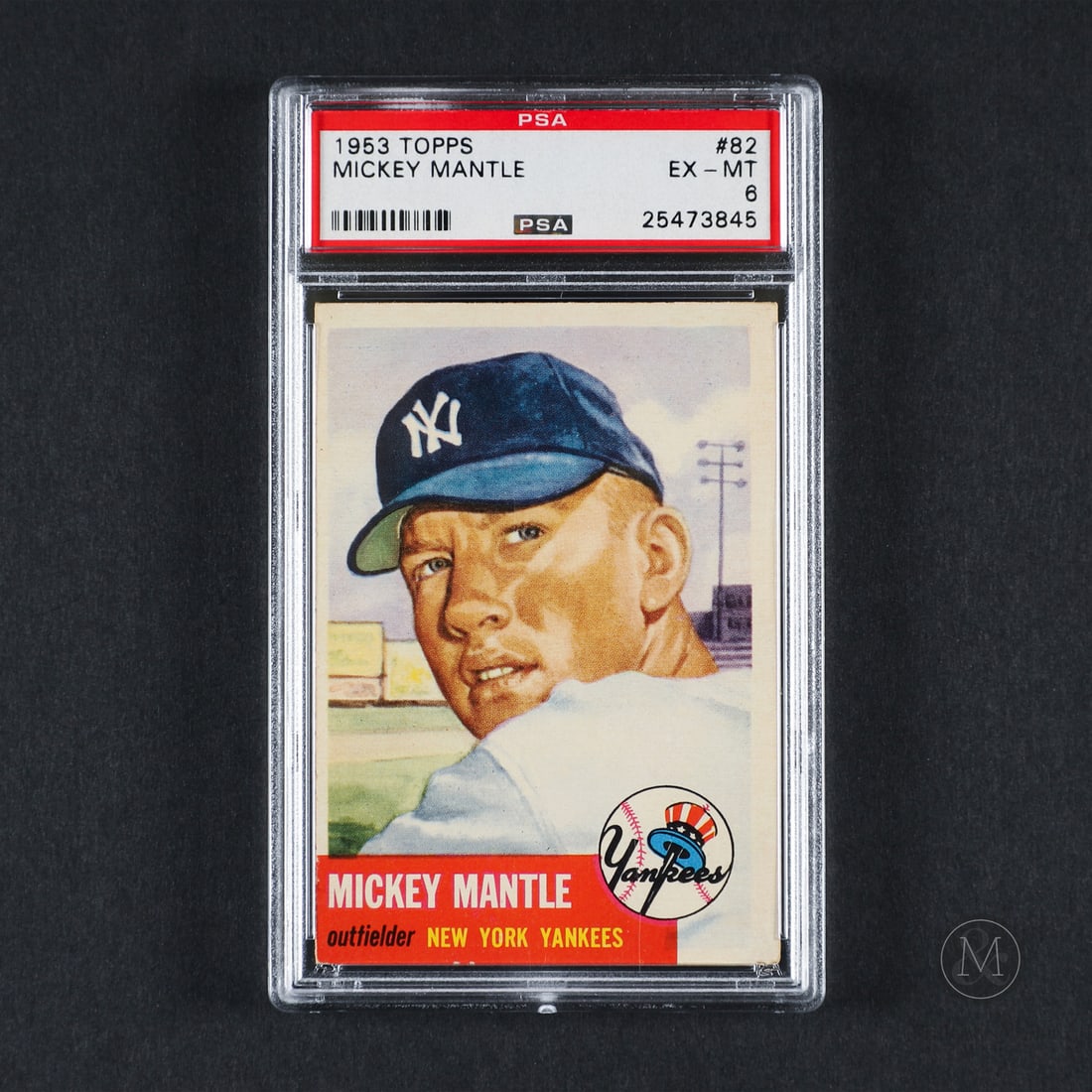 1953 Topps #82 Mickey Mantle (PSA 6 EX-MT): Offered here is the 1953 Topps #82 Mickey Mantle, representing one of Baseball's all time greats in his second year Topps release. Mickey Mantle amassed 536 career home runs and 1,509 RBIs while maint